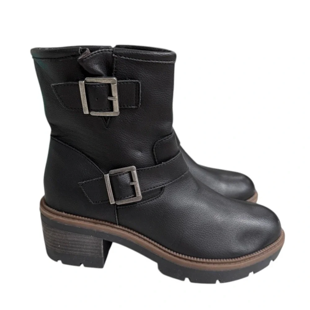BOC Moto Buckle Ankle Boots Black Lug Sole‎ Block Heel Biker Edgy Casual 10